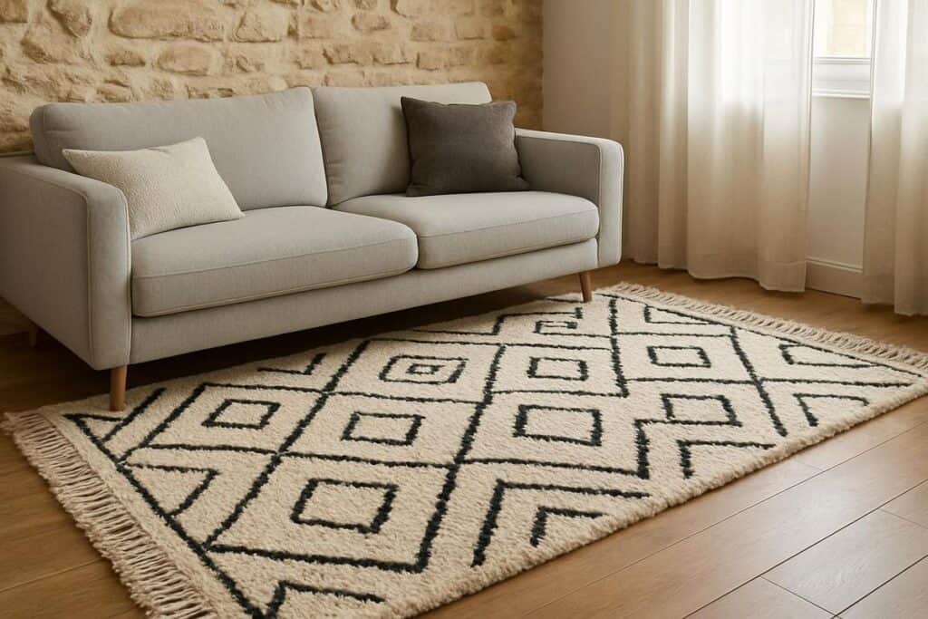 Tapis berbère tissé main laine motifs géométriques salon canapé gris clair authentique bohème