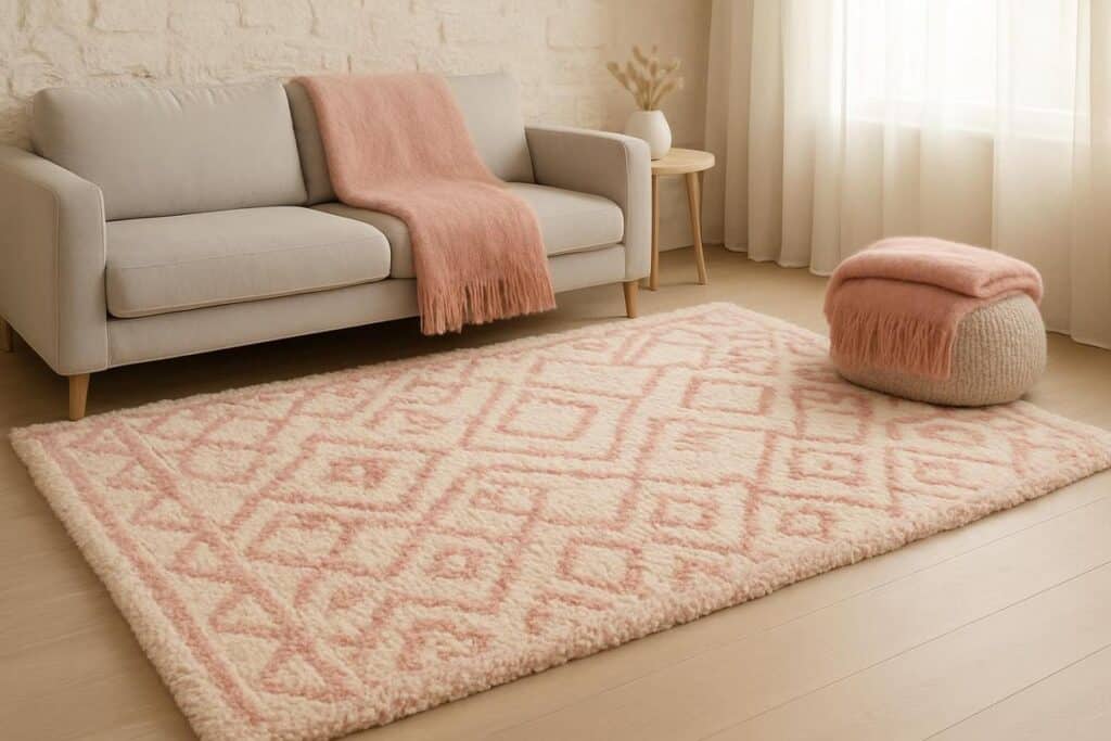 tapis berbere rose poudre motifs geometriques salon zen canapé gris clair tons pastel