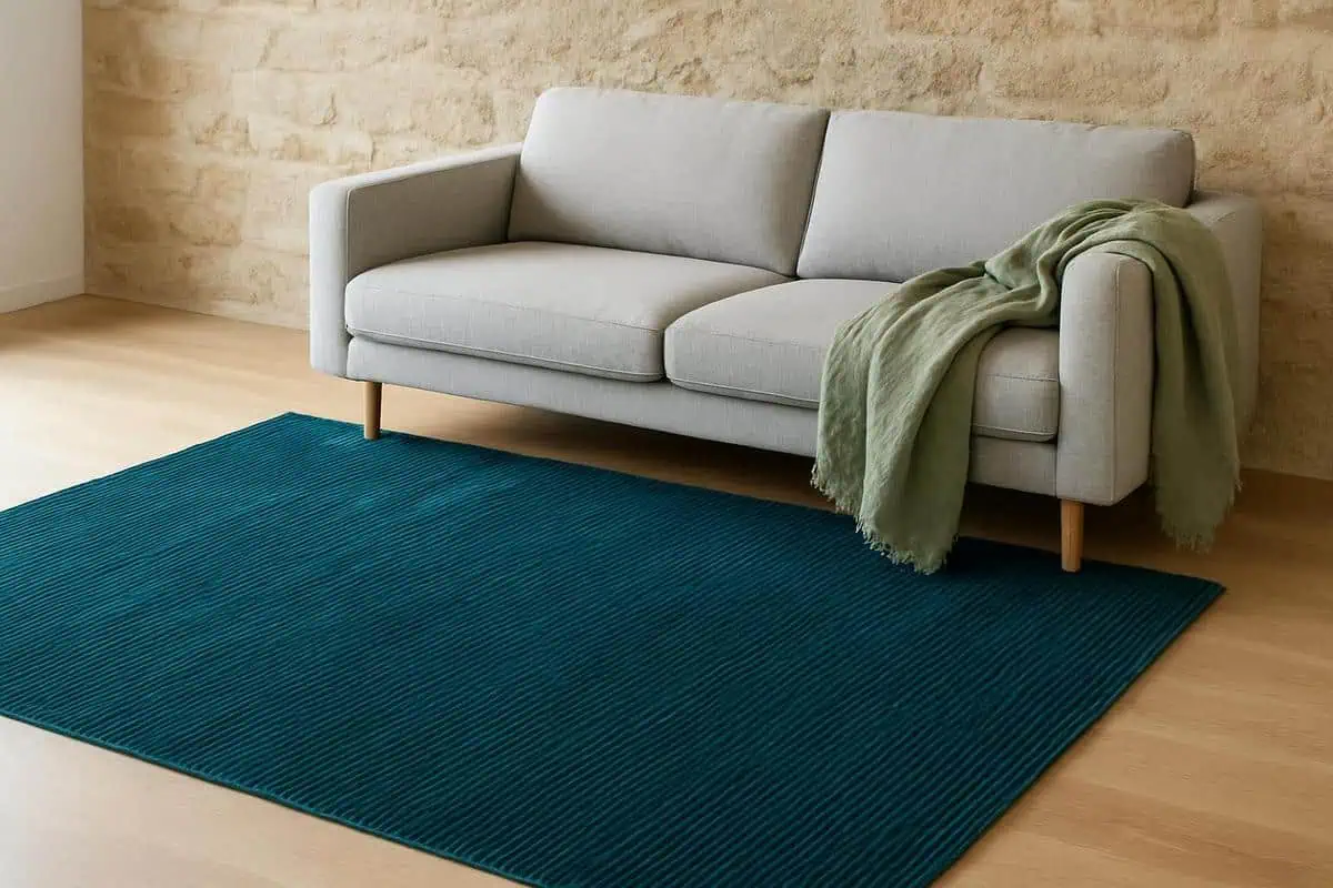 tapis velours bleu canard vert sauge ambiance scandinave canapé gris clair salon élégant