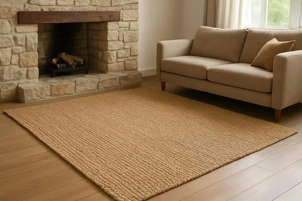 Tapis jute tressé 160x230 cm, grammage 2000g/m², fibre végétale naturelle, zone feu salon cheminée bohème
