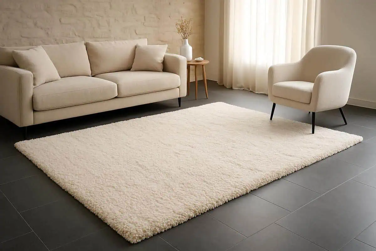 Tapis shaggy en laine blanc cassé ivoire 200x300 cm pour carrelage gris anthracite, contraste chic intérieur moderne